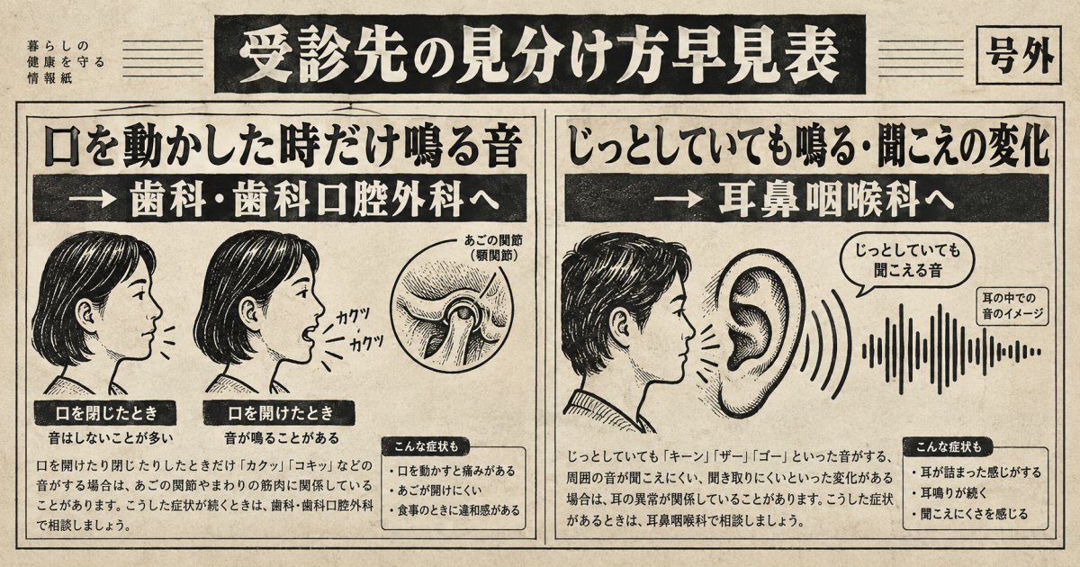 顎の音と耳鳴りはどう見分ける?歯科と耳鼻咽喉科、最初の相談先の目安は?